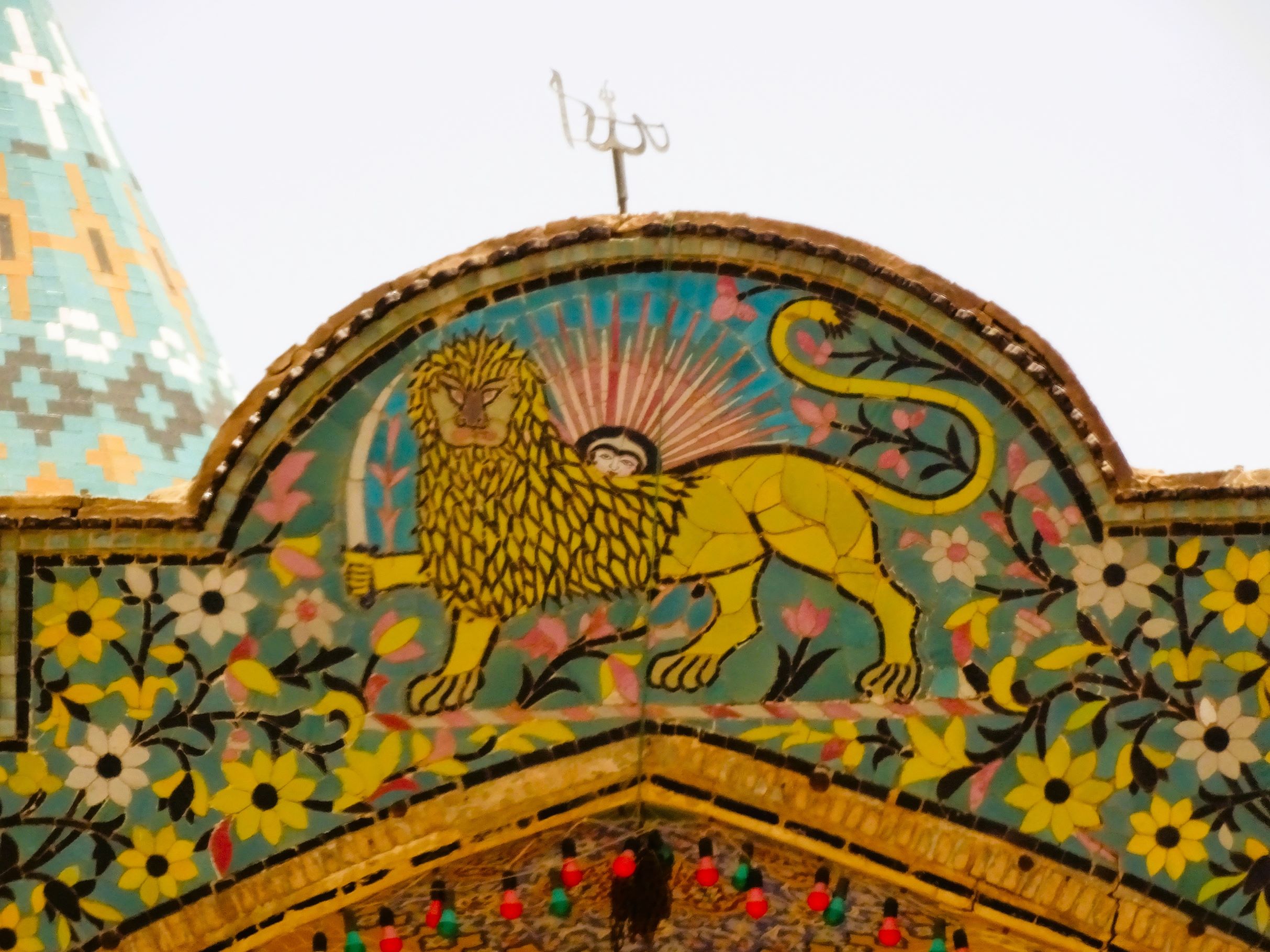 Lion and Sun Motif, Imamzadeh-ye Sultan Mir Ahmad Shrine, Kashan, Iran.